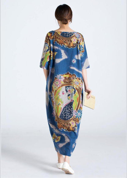 Blue Character Print Clothes O Neck Long Summer Dress