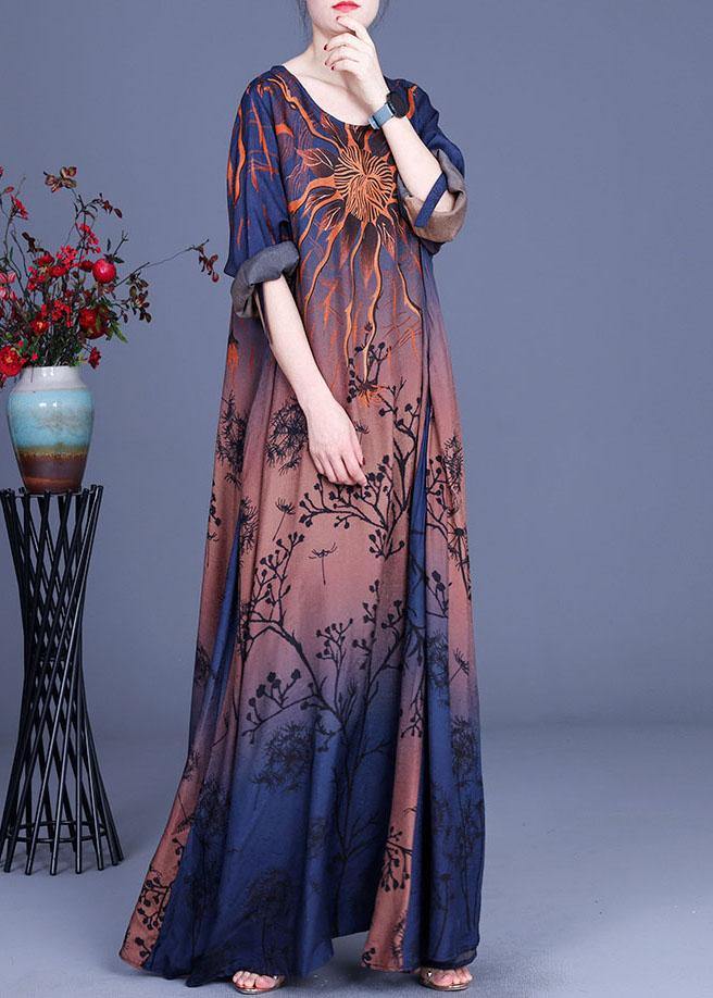Chocolate Retro Print a Line Summer Silk Maxi Dresses