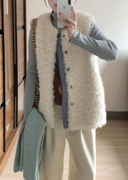 Beige O Neck Patchwork Faux Fur Vest Sleeveless