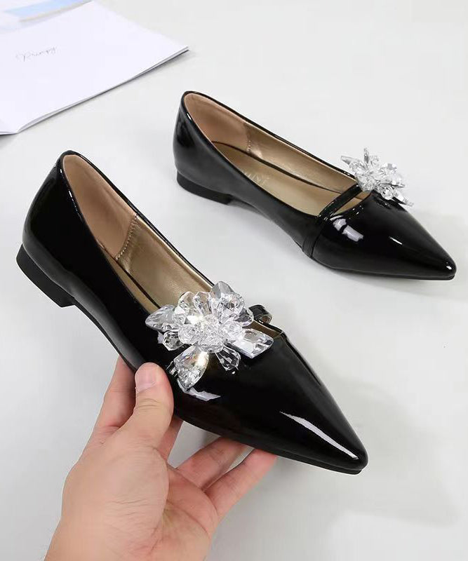Comfy Black Pointed Toe Zircon Splicing Flat Shoes for