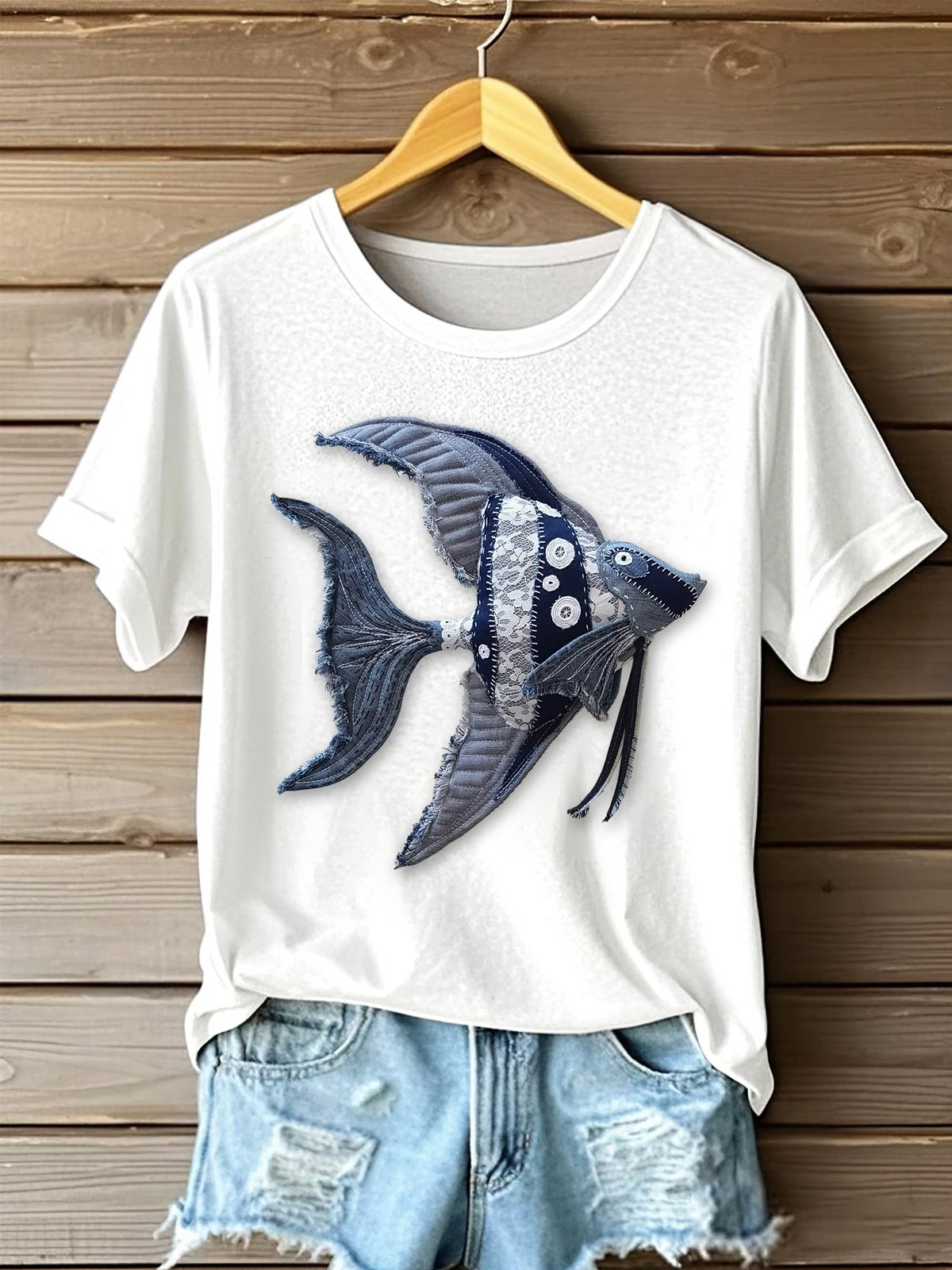 Comstylish Women's Denim Lovely Fish Portrait Art Print Short Sleeve Casual T-shirt