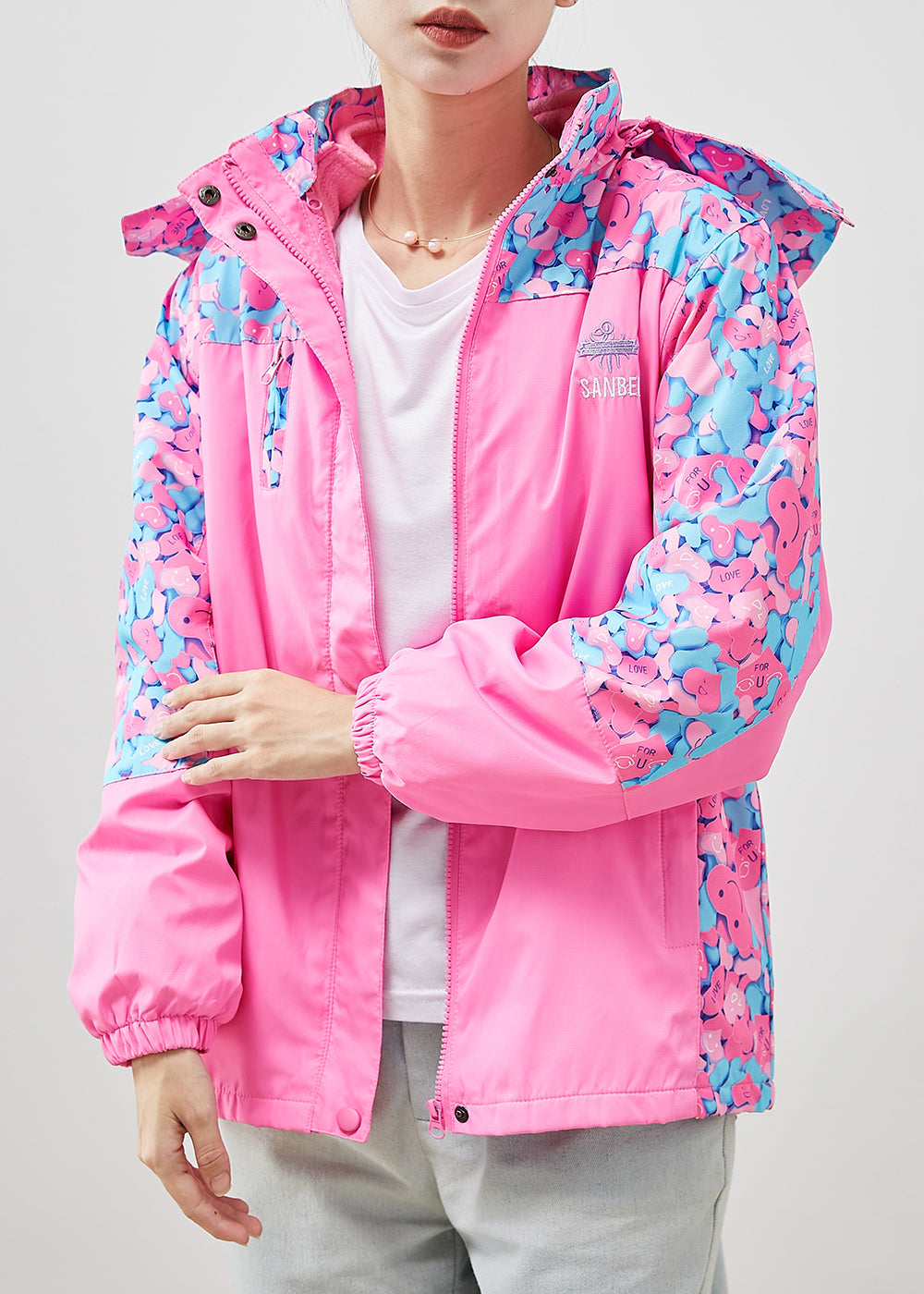 Pink Hooded Patchwork Print Spandex Coat Outwear Fall