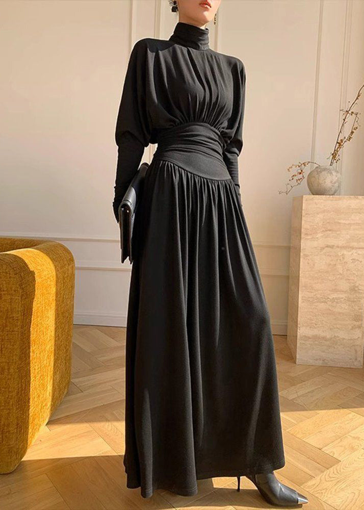 Black Turtleneck Wrinkled High Waist Cotton Maxi Dresses Spring