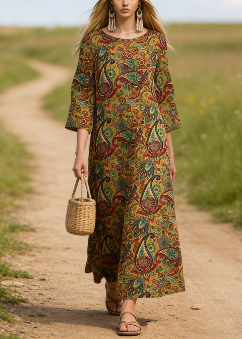 O Neck Print Cotton Long Dresses Summer