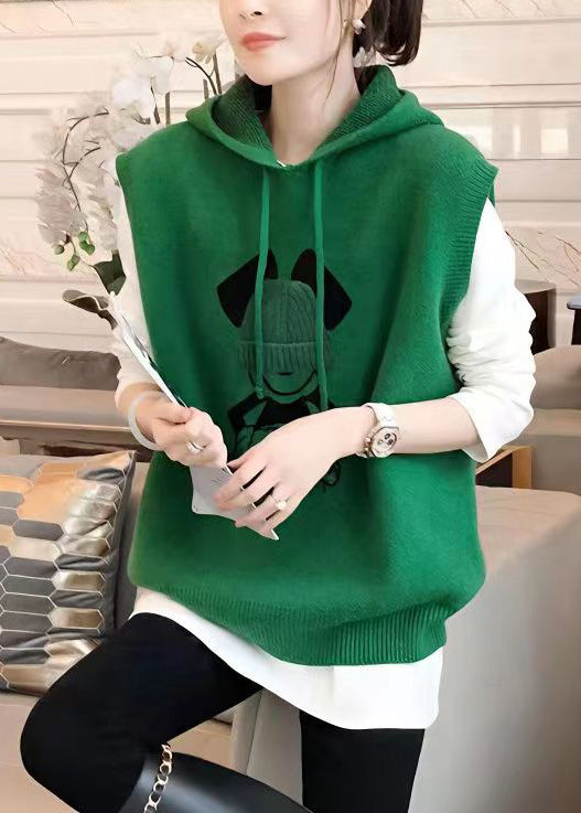 Green Hooded Patchwork Knit Vest Top Sleeveless