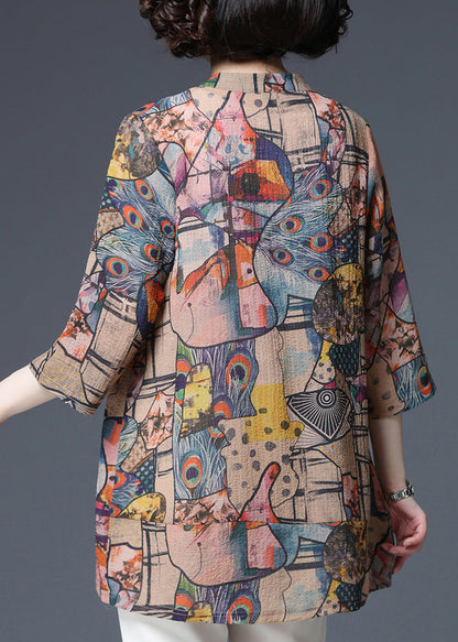 Modern V Neck Print Button Thin Shirt Top Three Quarter Sleeve