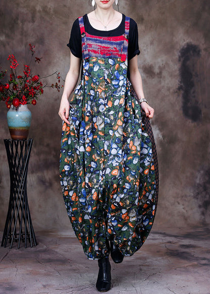 Stylish Green Patchwork Plaid Print Linen Overalls Jumpsuit and Cotton Tanks Two Piece Set Summer