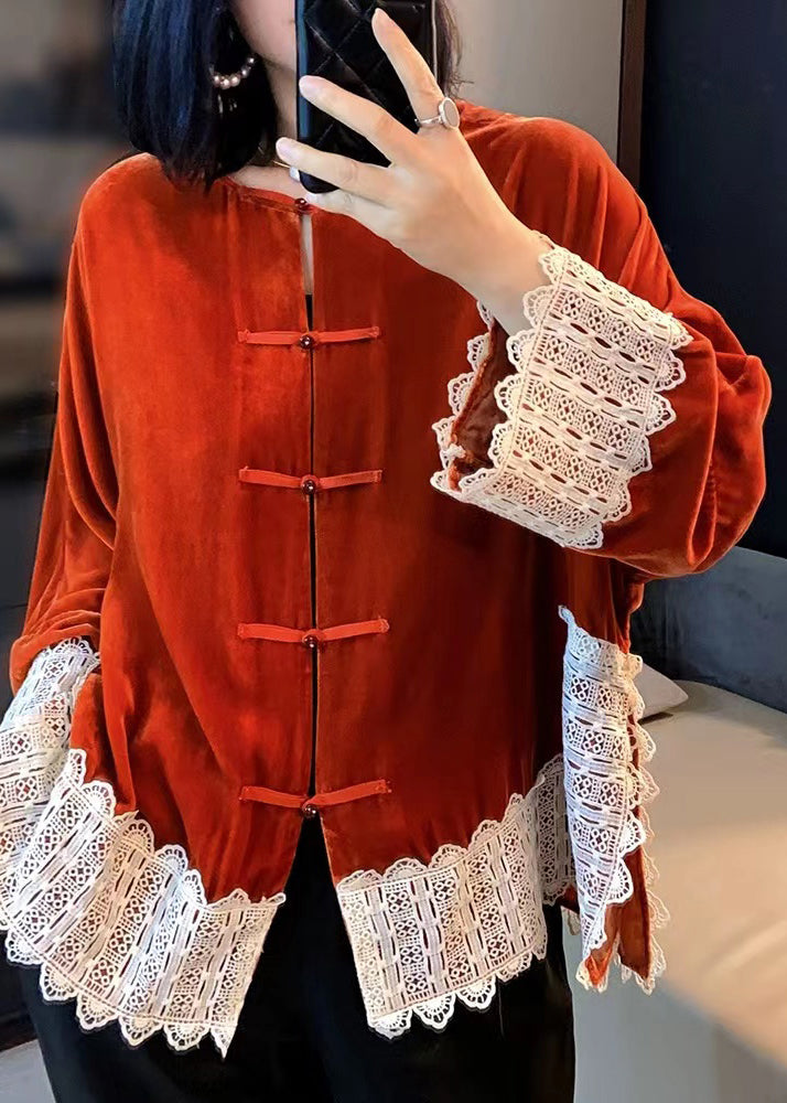Orange O-neck Lace Patchwork Silk Velour Coats Fall