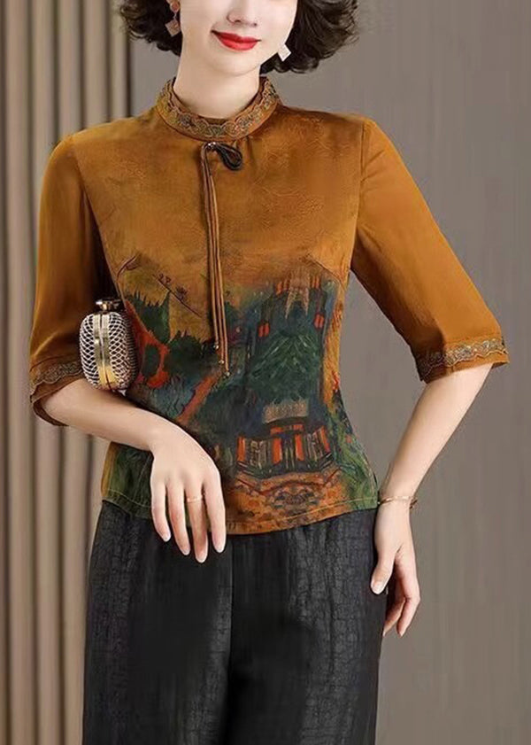 Red Stand Collar Tasseled Print Silk Shirt Tops Half Sleeve