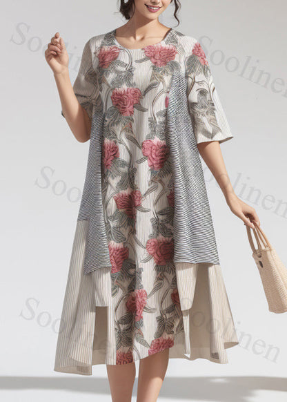 New Beige Asymmetrical Print Cotton Long Dress Summer