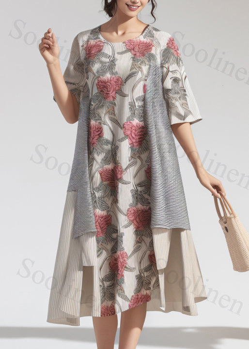 New Beige Asymmetrical Print Cotton Long Dress Summer
