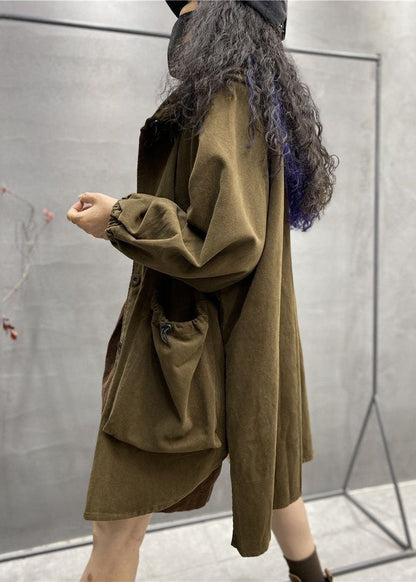 Khaki Hooded Drawstring Big Pockets Cotton Coats Spring
