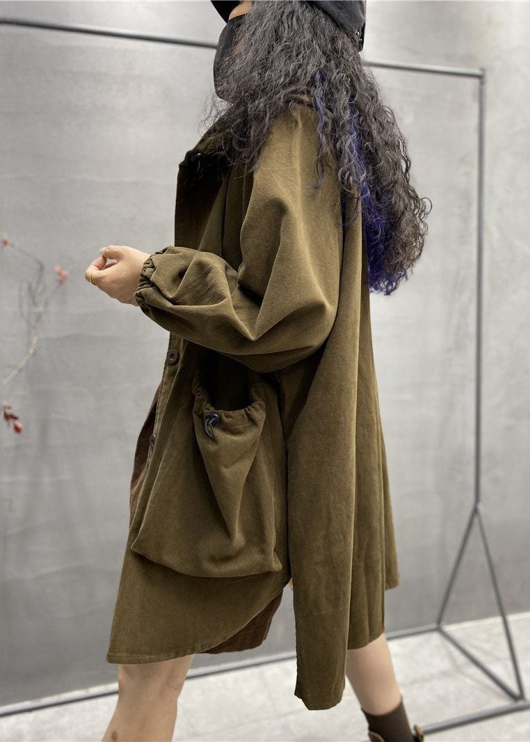 Khaki Hooded Drawstring Big Pockets Cotton Coats Spring