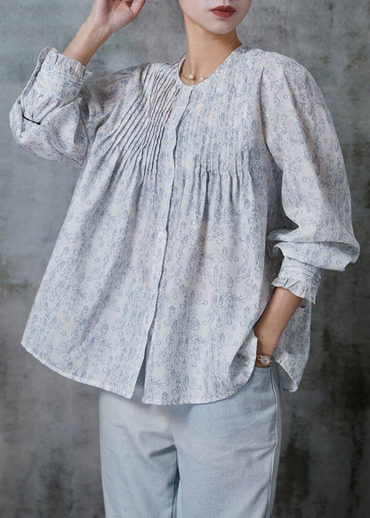 White Oversized Print Wrinkled Cotton Shirt Top Spring