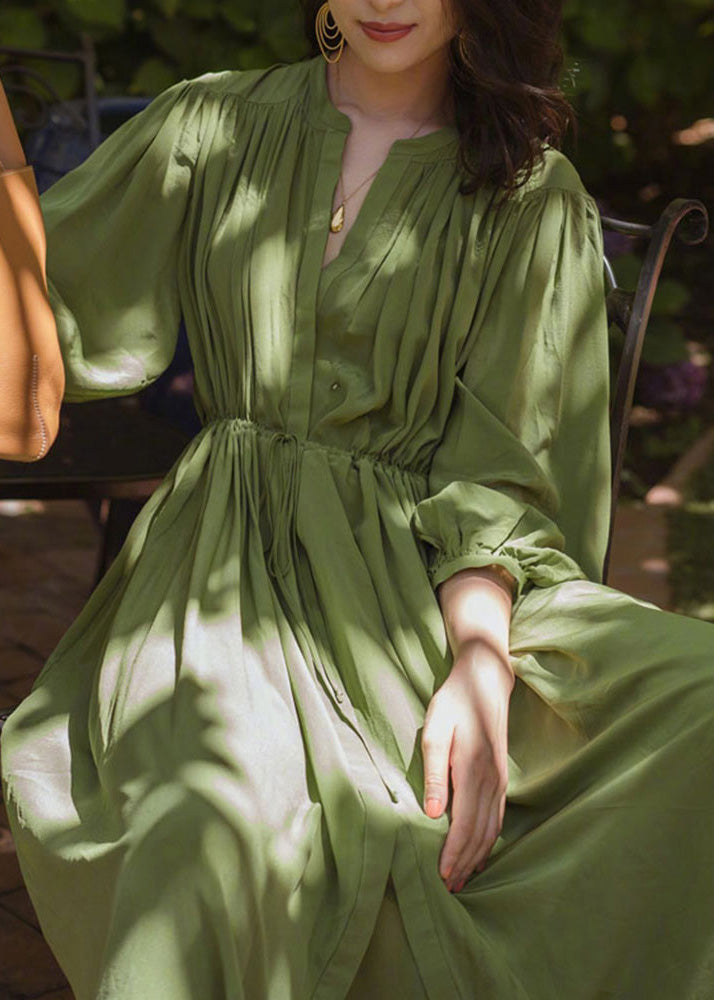Fashio Green O-neck Cinched Wrinkled Chiffon Maxi Dress Spring