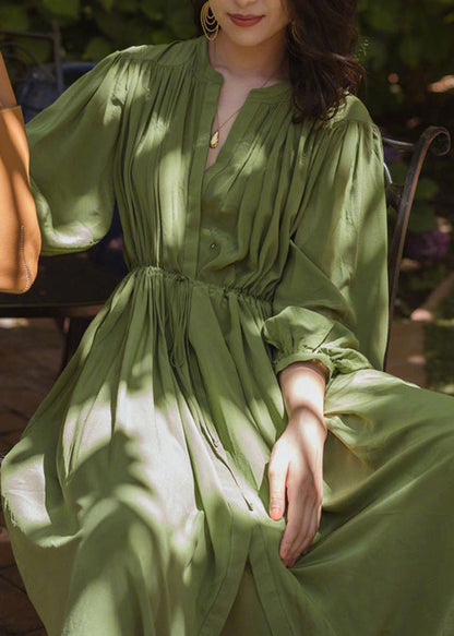 Fashio Green O-neck Cinched Wrinkled Chiffon Maxi Dress Spring