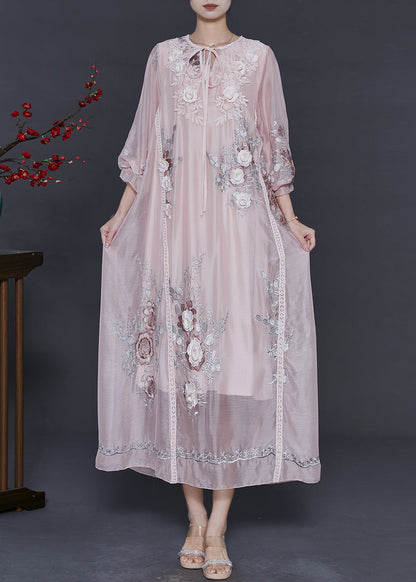 Light Pink Embroidered Silk Holiday Dress Fall