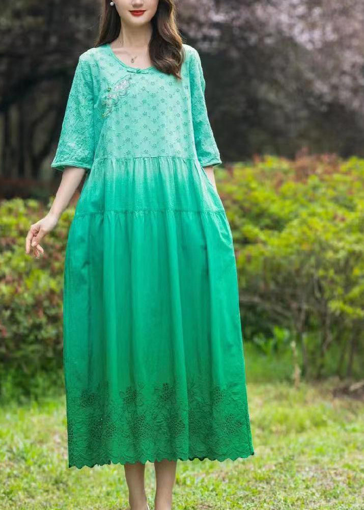 Gradient Color Blue O-neck Patchwork Tie Dye Long Dress Summer