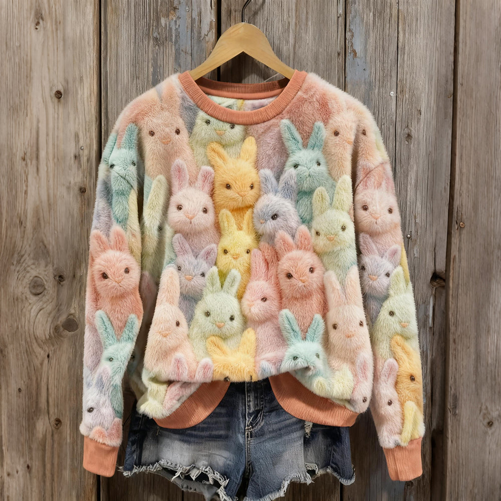 Cute Pastel Fluffy Rabbits Pattern Cozy Plush Sweatshirt