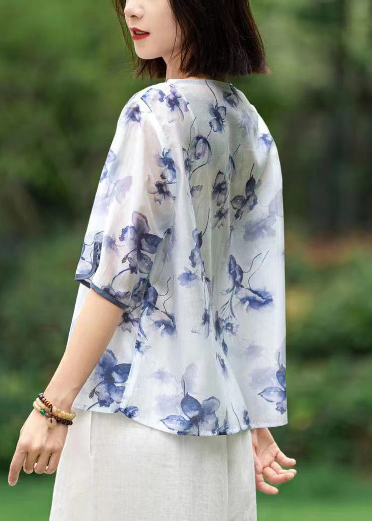 Blue Print Patchwork Linen Shirts Short Sleeve