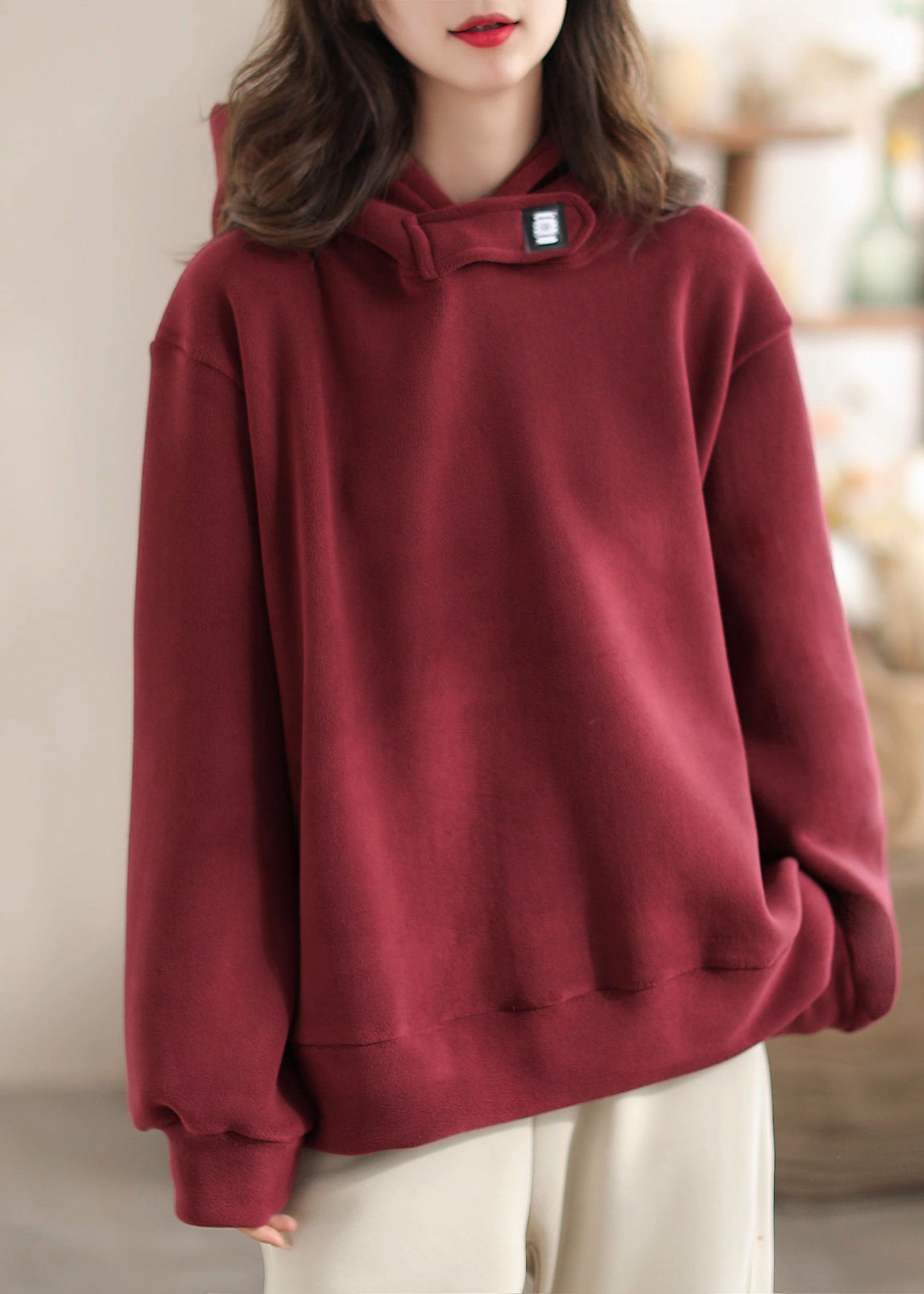 Loose Red Faux Suede Hooded Sweatshirt Spring