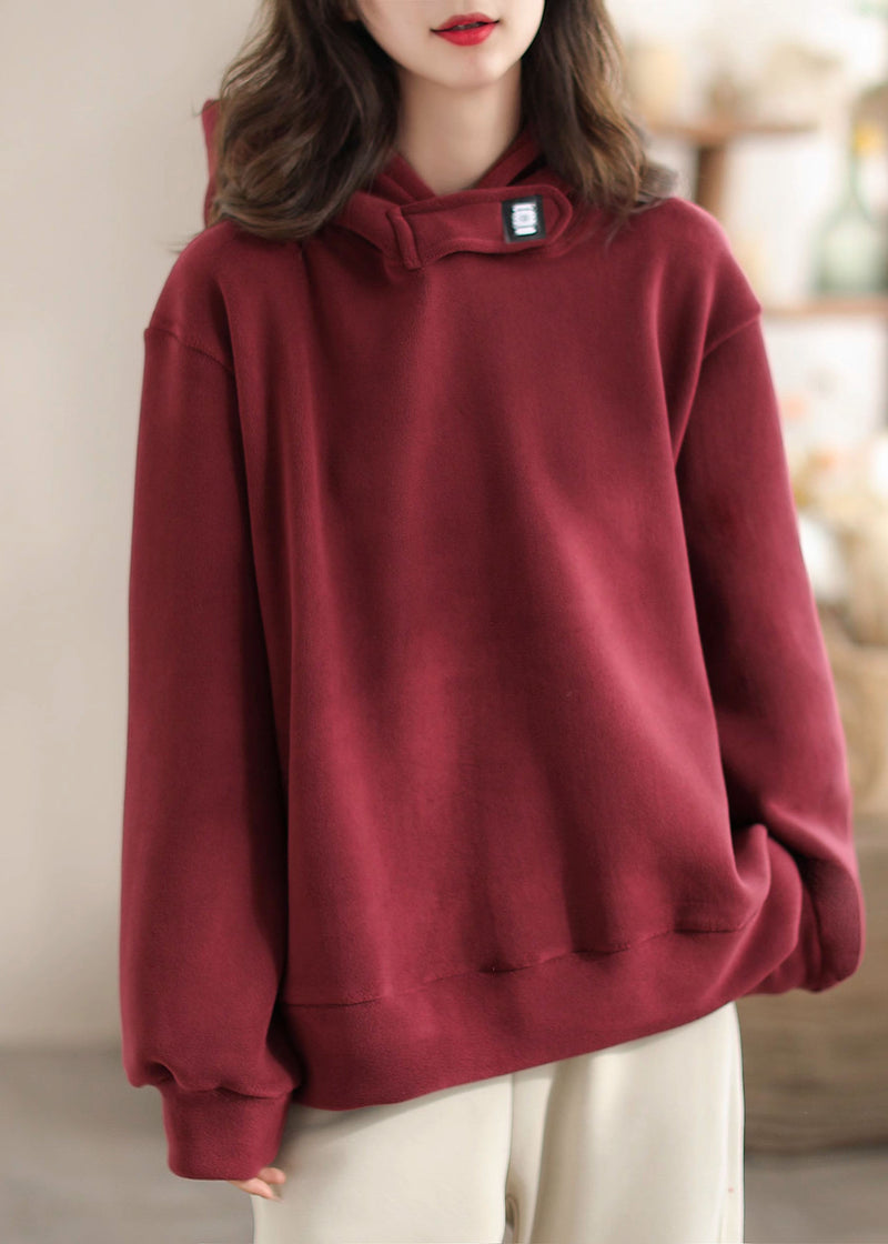Loose Red Faux Suede Hooded Sweatshirt Spring