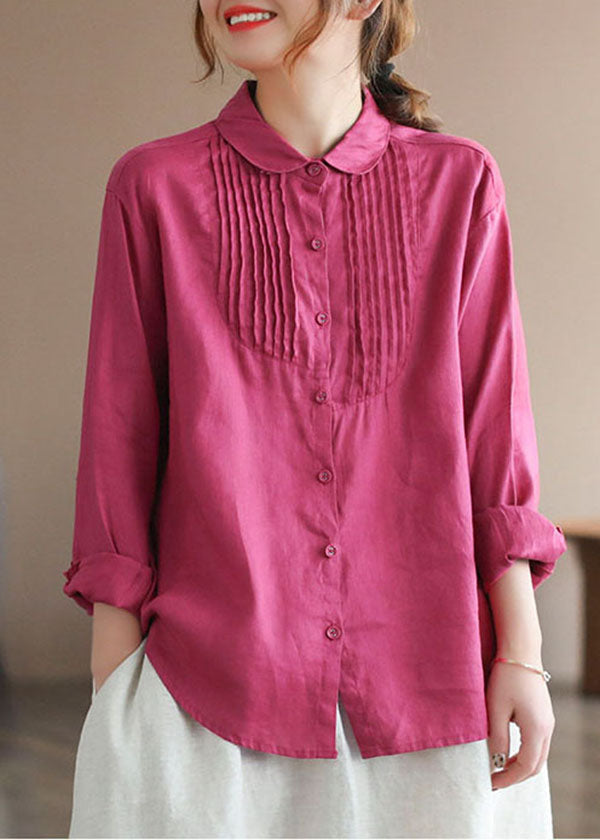 Rose Peter Pan Collar Wrinkled Button Linen Shirt Tops Long Sleeve