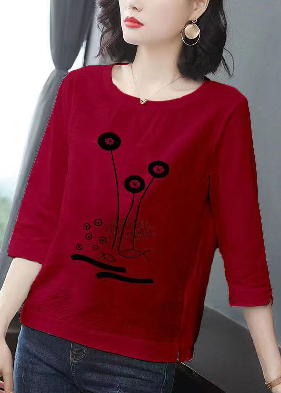 Black O Neck Print Patchwork Cotton T Shirt Bracelet Sleeve