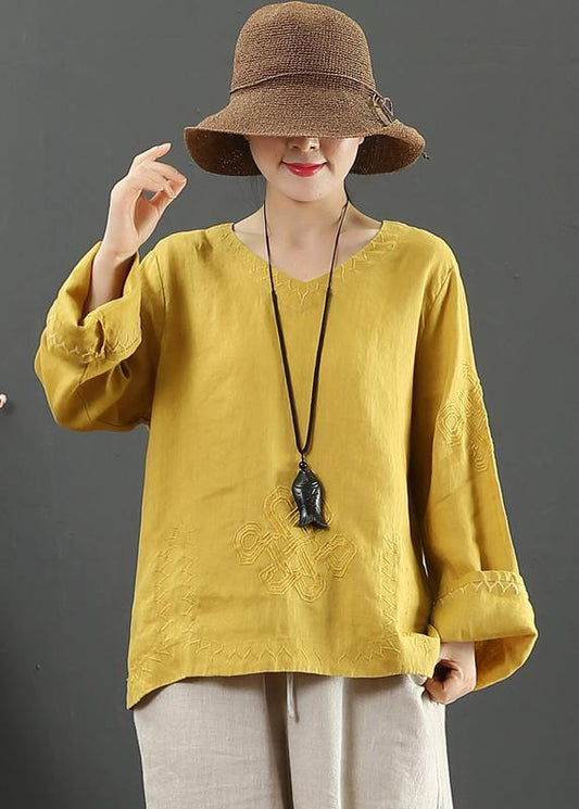 Yellow Clothes V Neck Embroidery Dresses Spring Blouse