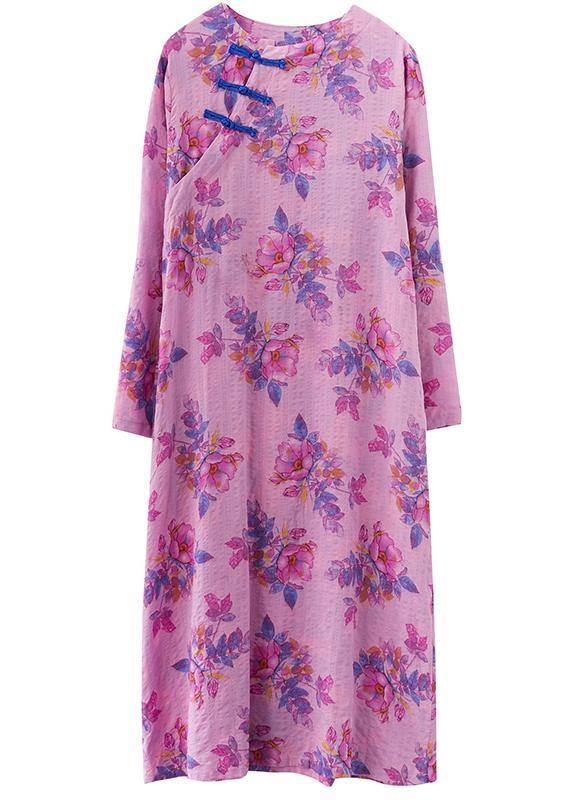 O Neck Chinese Button Spring Pattern Purple Print Loose Dress