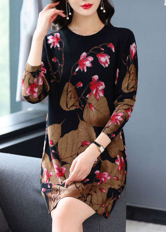 Loose Black O-neck Print Knit Mid Dress Spring