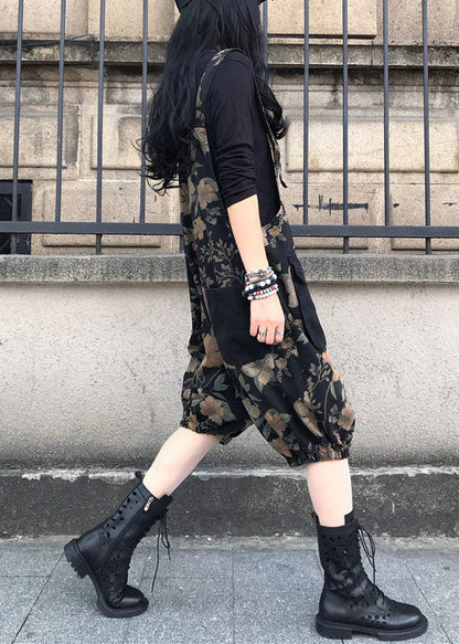 Slash Neck Print Patchwork Button Denim Jumpsuit Spring