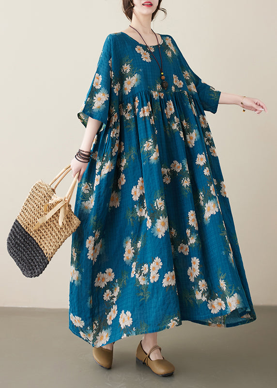 Classy Navy O-neck Patchwork Wrinkled Party Maxi Dress Summer