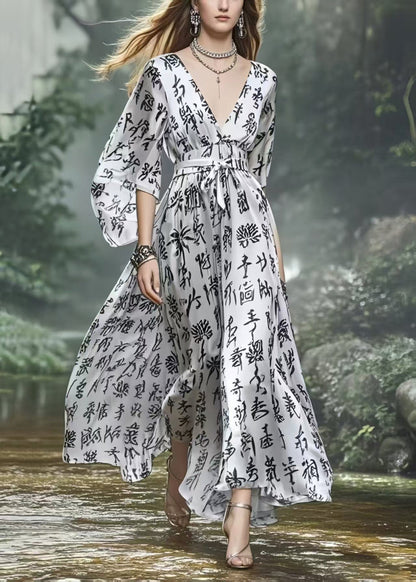Silvery Cinched Print Silk Vacation Dress Spring