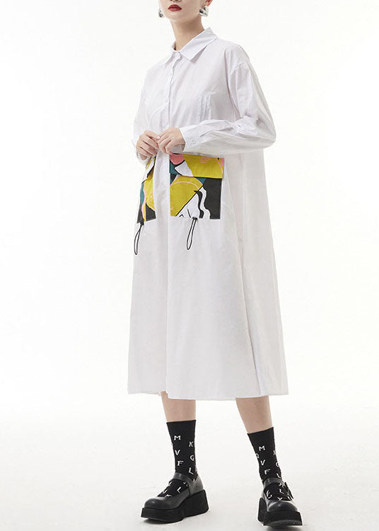 White Wrinkled Peter Pan Collar Pockets Print Shirt Dresses Spring