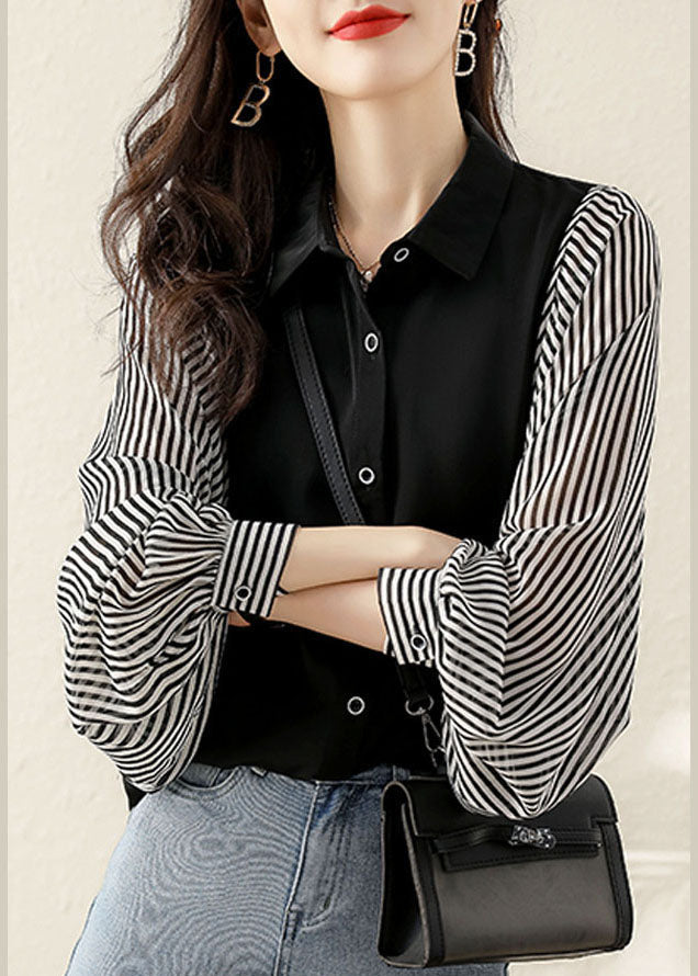 Modern Black Button Peter Pan Collar Striped Patchwork Shirt Top Long Sleeve