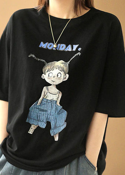 Black O-neck Print Oversized Cotton Tanks Short Sleeve