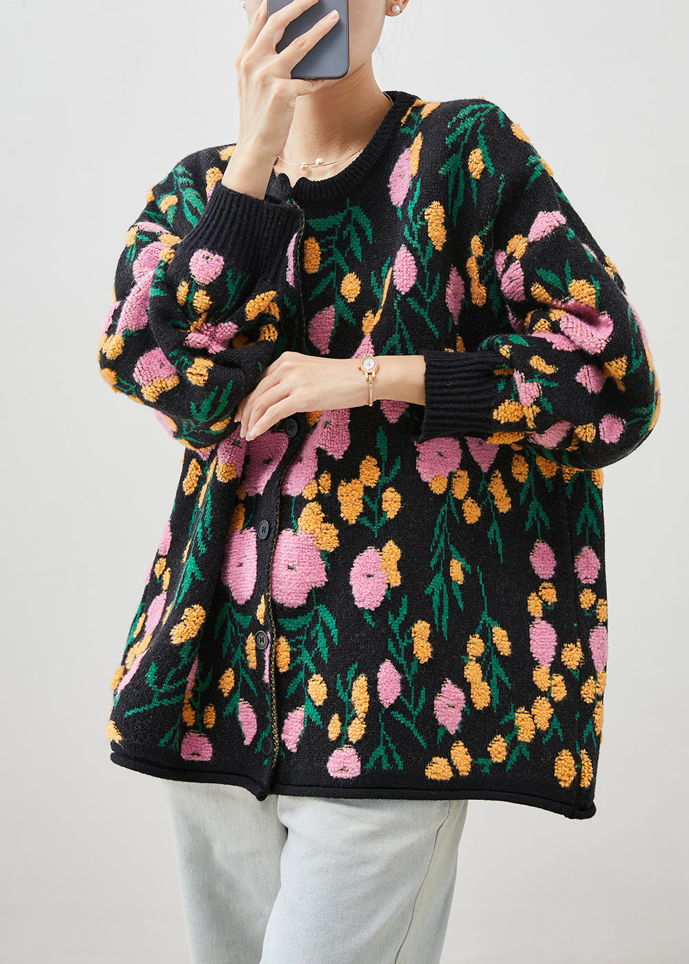 Black Jacquard Knit Cardigan O-neck Winter