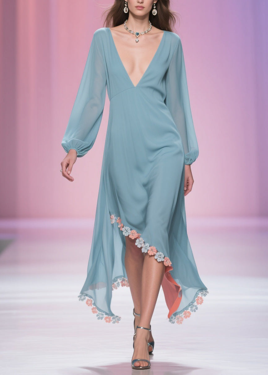 Blue Asymmetrical Chiffon Long Dress Spring