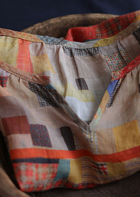Diy Colorblock V Neck Geometric Print Linen Loose Tops Short Sleeve