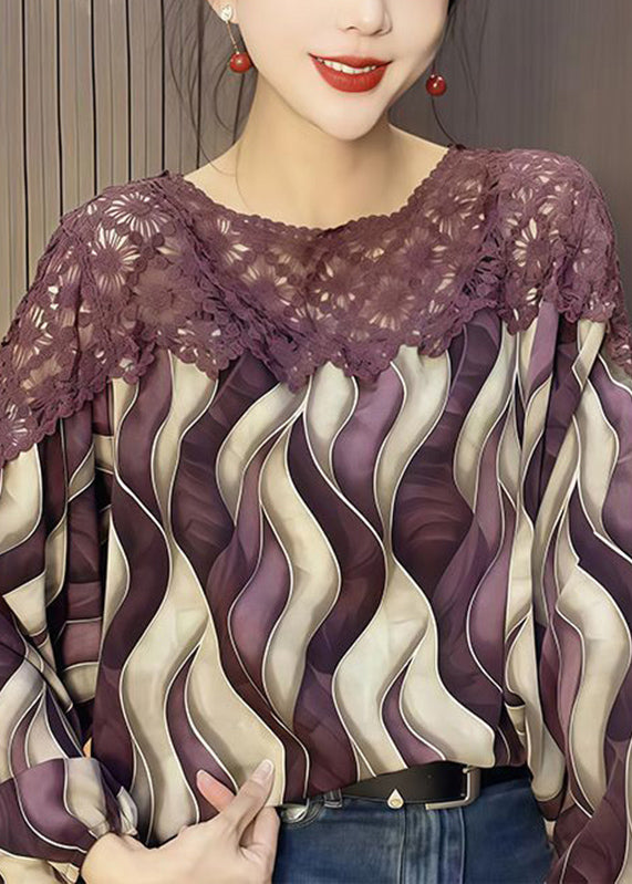Blue O-neck Print Hollow Out Chiffon Shirt Fall