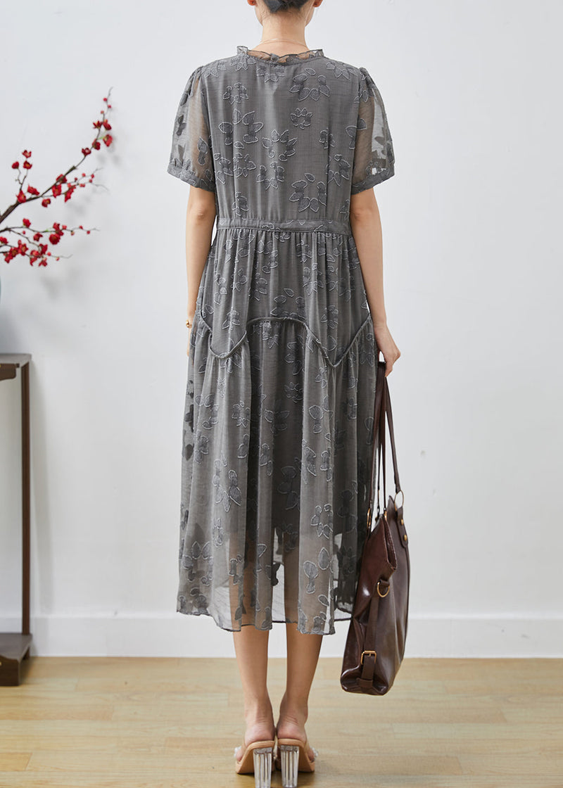 Grey Cinched Jacquard Chiffon Dress Summer