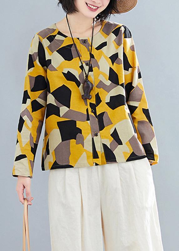 French O Neck Button Down Shirts Inspiration Yellow Geometric Top