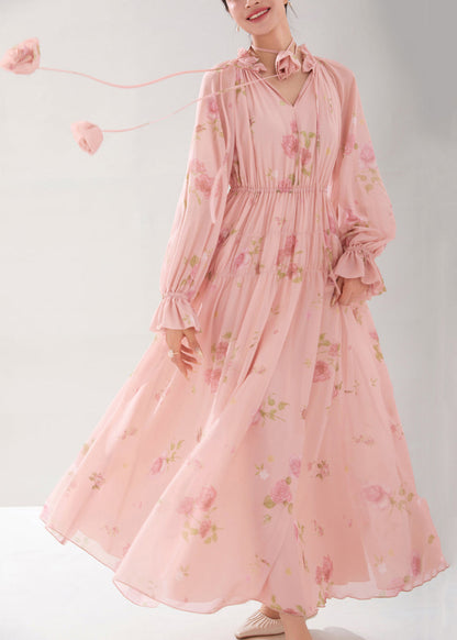 Pink Ruffled Print Lace Up Chiffon Dress Fall