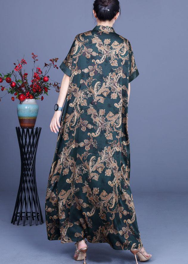 Green Print Silk Oriental Vacation Dresses Summer