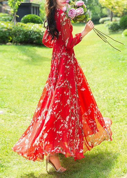Fine Red Print Slim Chiffon Vacation Long Dresses Long Sleeve Fall