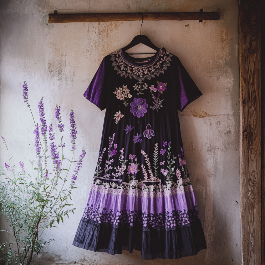 Bohemian Lavender Gradient Embroidery Patchwork Art Linen Round Neck Midi Dress artswardrobe