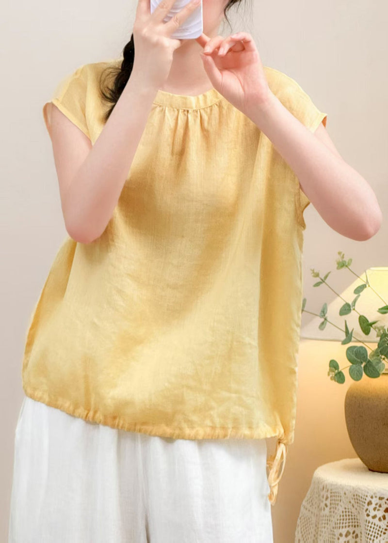 Simple Yellow O Neck Lace Up Linen Shirt Summer