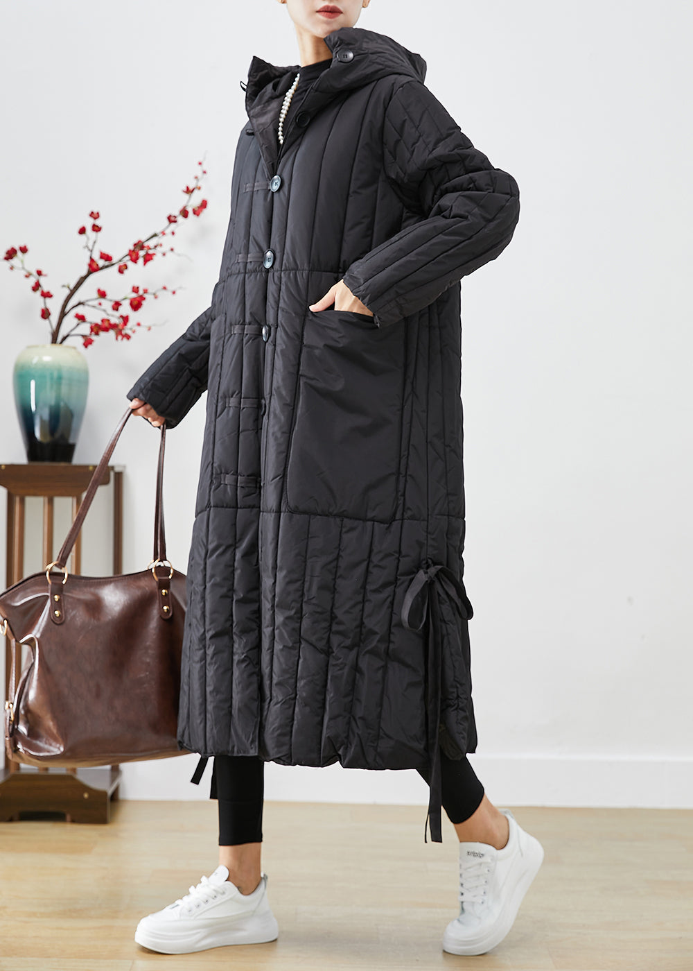 Black Oversized Striped Fine Cotton Filled Puffers Jackets Winter