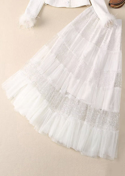 White Sequins Nail Bead Coats and Tulle Maxi Skirt Two Pieces Set Spring